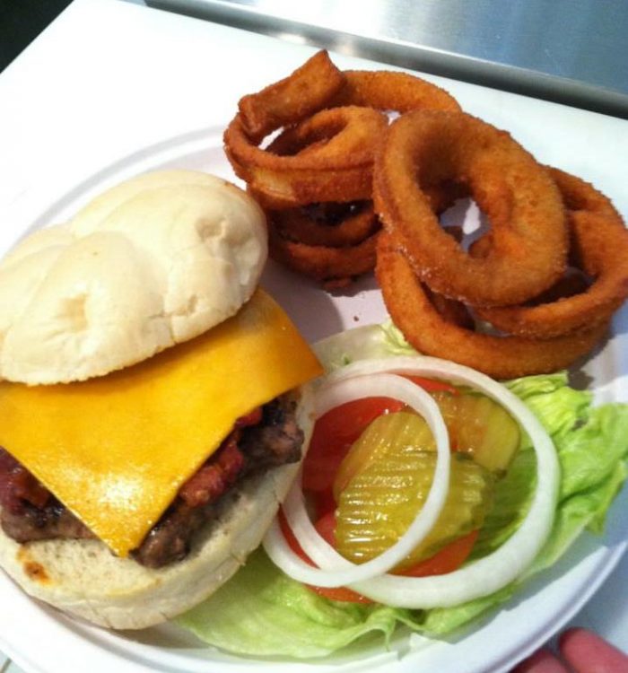 Burger and Onion Rings at Island Buffalo Grill